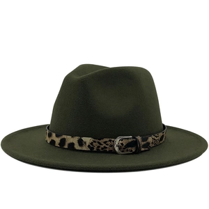 Detail of dark green wool fedora hat featuring a stylish leopard print leather band strap