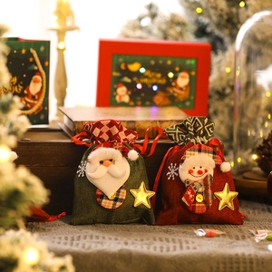 Linen Christmas gift bags with 3D Santa and Snowman plush doll decorations and drawstring