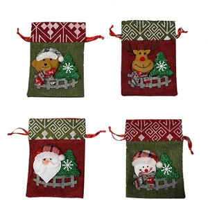 Set of 4 Christmas burlap gift bags featuring 3D Santa, snowman, bear, and reindeer designs