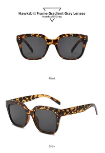 Detail of tortoise shell sunglasses frames and gray lenses showing front and side views