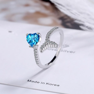 Silver heart blue diamond ring with mermaid tail design and S925 sterling silver stamp