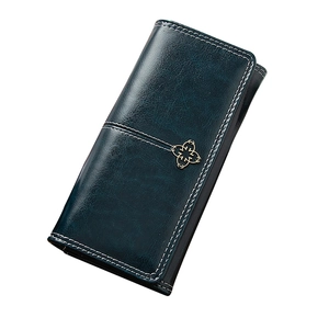 Deep teal wax leather long wallet with floral metal clasp and white contrast stitching