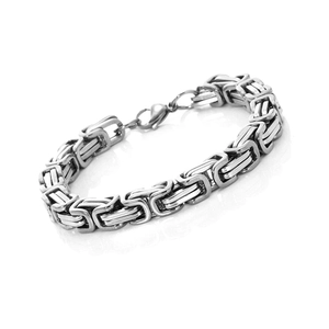 Men's silver stainless steel Byzantine chain bracelet with a square buckle on white background