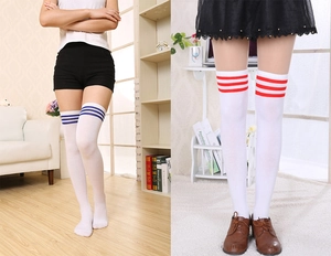 Detail view of elastic white over-the-knee socks with blue and red triple stripes