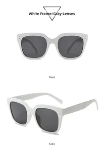 Front and side view of white frame sunglasses with gray lenses and metal dot accents