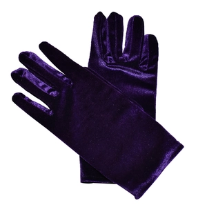Detailed view of dark purple velvet gloves showing luxurious texture and elastic fabric