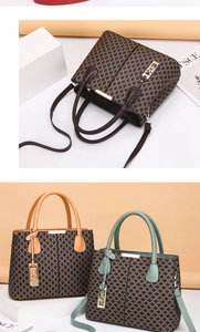 Three elegant leather handbags in brown, camel, and green with vintage geometric patterns