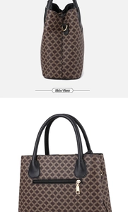 Detail of printed tote bag with coffee geometric pattern and gold zipper pockets
