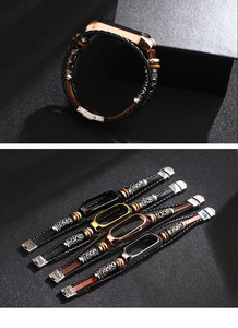 Close-up of braided leather straps for Mi Band with vintage metal frames in multiple colors