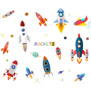 Bunte Cartoon-Raketen und Planeten Wandaufkleber für das Kinderzimmer Dekor