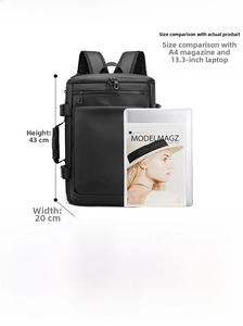 Detailed size chart for 43cm waterproof laptop backpack showing 17-inch device capacity