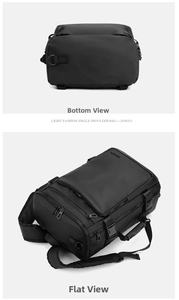 Detail view of the black waterproof nylon shoulder bag featuring multiple zipper compartments