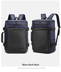 Detail of waterproof dark blue business backpack with side handle and faux leather panel