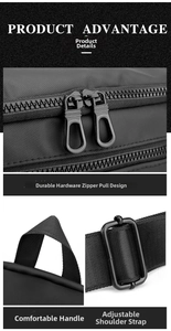Macro view of hardware double zippers and thick nylon handle on black business backpack