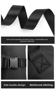 Detail of durable buckle and reinforced stitching on waterproof business backpack