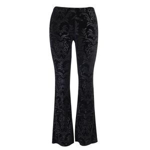 Vintage gothic black floral jacquard flare pants with velvet finish and embossed pattern