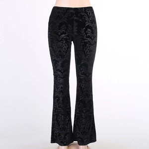 Detailed view of the gothic floral embossing on black flared trousers for women