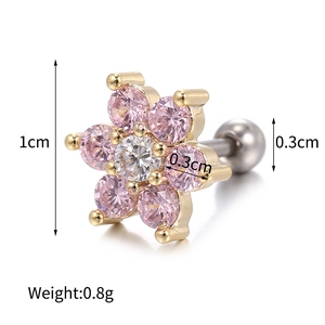 Pink flower zircon cartilage stud earring in gold plating with detailed measurements