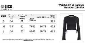 Size chart detail for flared trousers showing measurements for S, M, and L sizes