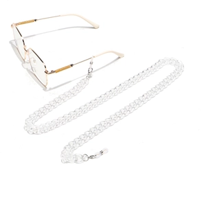 Minimalist clear acrylic eyewear chain with silver metal clasps and silicone loops