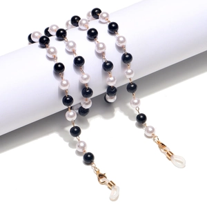 Cadena para Gafas de Moda Hecha a Mano Perlas de Imitación Blanco y Negro Con Cierre de Langosta de Metal y Lazos de Silicona