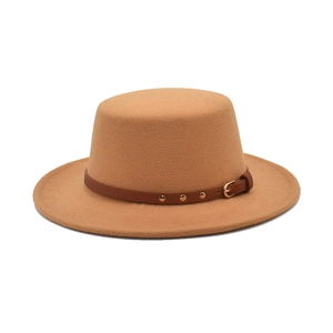 Vintage Woolen Flat Top Fedora Hat For Men Women Wide Brim Jazz Hat With Rivet Leather Band Autumn Winter Travel Accessory