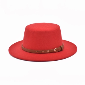 Classic red wool felt boater hat with a brown leather belt and gold buckle detailing