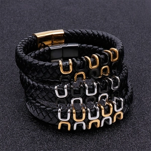 Men's woven black leather bracelets with multi-color metal U-shaped buckles and magnetic clasps