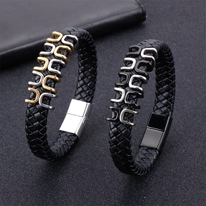 Men's fashion black braided leather bracelet with silver and gold metal magnetic clasps