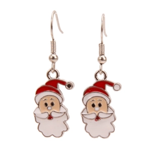 Detailed view of red and white enamel Santa Claus earrings with metal hooks and springs