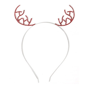 Detailed close-up of a silver metal headband with sparkling red rhinestone reindeer antlers