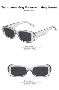 Detail view of square transparent grey sunglasses with dark grey lenses in front and side views