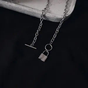 Hip-hop punk silver padlock necklace with bold curb chain and OT toggle clasp closure