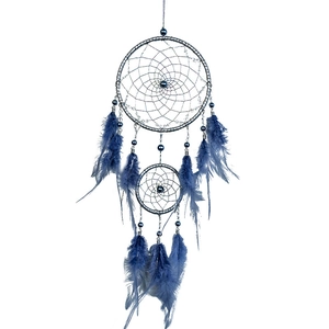 Handmade blue dream catcher with double metal rings, beads and blue feathers for wall hanging