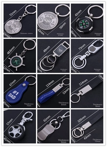 Collection of creative metal and leather keychains showing dimensions and details