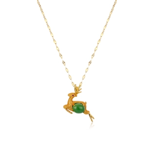 Golden elk necklace with green emerald pendant for women in elegant 18K gold style
