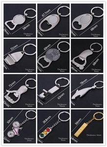 Detailed size chart for various creative metal keychains with polished zinc alloy finish