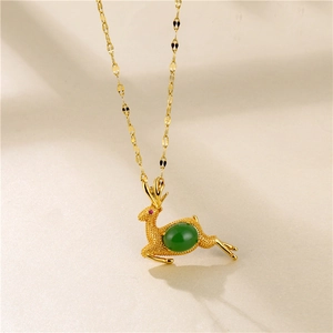Golden elk necklace with green emerald gemstone pendant and 18K gold link chain