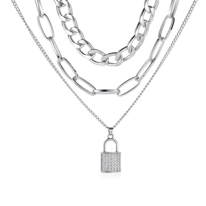 Three-layer silver punk necklace with chunky Cuban chain and crystal padlock pendant