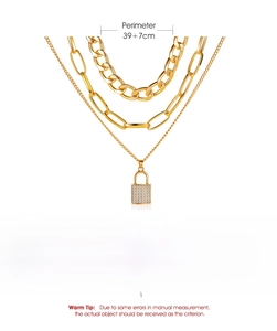 Detailed specs of golden triple layer lock pendant necklace with dimensions and weight