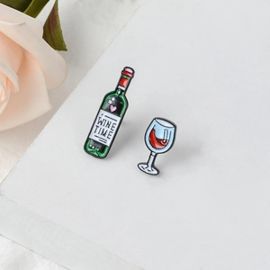 Cartoon enamel wine time brooch set with green bottle and red wine glass on white background