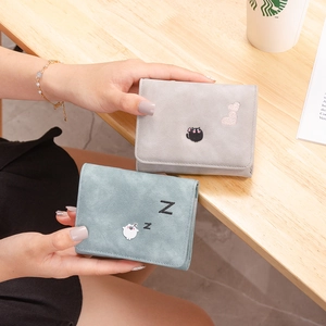Short minimalist faux suede wallets featuring cute cat and pig animal embroidery