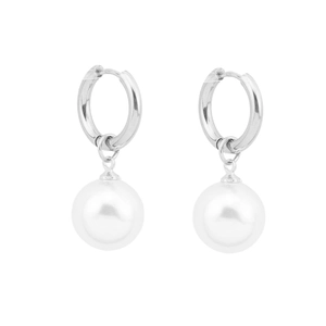 Elegant stainless steel hoop earrings with round white faux pearl pendants on white background