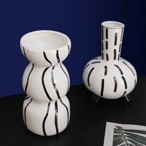 Modern Nordic ceramic vase set with hand-painted black wavy lines and white gloss finish