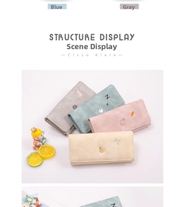 Detail view of long women's wallets with cute cartoon embroidery and matte finish
