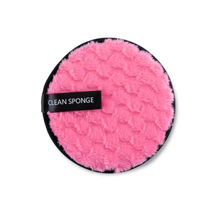 Pink microfiber makeup remover puff with black trim and Clean Sponge label on white background