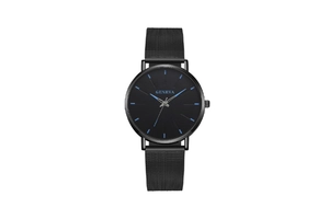 Close-up of Geneva men's watch with black mesh strap and striking blue hands on black dial