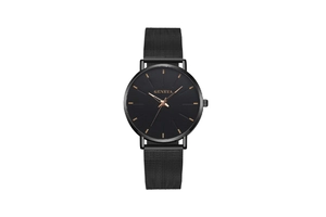 Close-up of black Geneva quartz watch with mesh strap and elegant golden hands