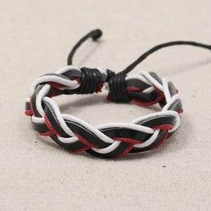 Braided leather bracelet with adjustable cord in black white and red color options