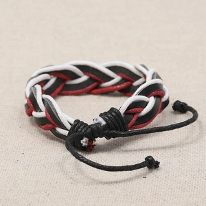 Adjustable braided leather bracelet for couples featuring black, white, and red cord weave